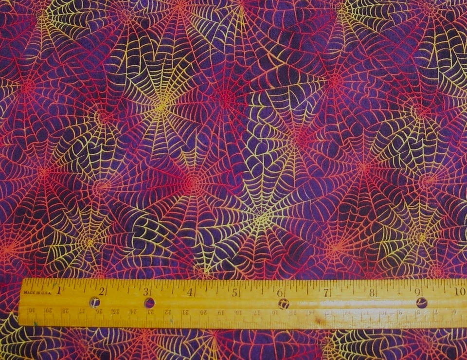 1 yd Hoffman RED ORANGE YELLOW Spider Web on PURPLE 100% Cotton Fabric HALLOWEEN - Image 1 of 1