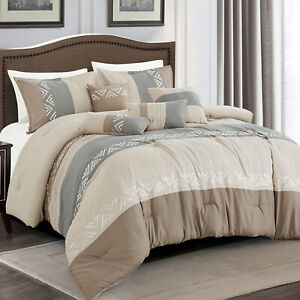 HIG 7 Pieces Gray/Taupe Embroidery Luxury Retro Style Comforter Set-Queen King