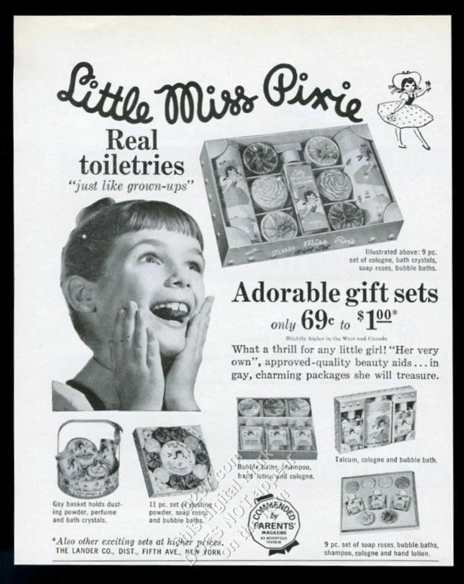 1961 Little Miss Pixie niñas conjunto de artículos de tocador champú colonia etc anuncio impreso vintage Foto 1 de 1