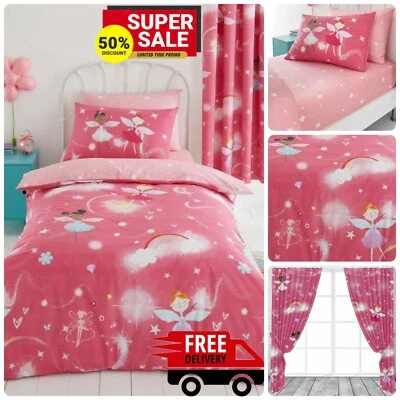 KIDS Girls DUVET COVER SET Reversible Bedding FITTED SHEET & Matching Curtains - Image 1 of 4