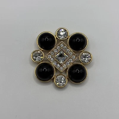 Vtg Large Black Cabochon & Clear Rhinestone Gold Tone Metal Brooch Pin - Monet - Image 1 of 4