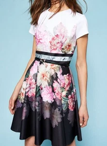Ted Baker Valerey Painted Posie Floral White Black Dress Size 2 UK 10 With Belt - Picture 1 of 17