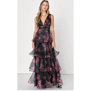 Lulus Maxikleid schwarz rosa Blumen Stufen V-Ausschnitt ärmellos Party elegant Small - Bild 1 von 14