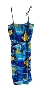 VintageWomen Halter Hawaiian Sun Dress Blue Yellow Tropical Vacation Size M - Picture 1 of 6