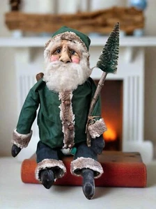 Primitive Handcrafted USA Christmas Sculpted Clay Grungy Green Santa Doll 17" - Picture 1 of 4