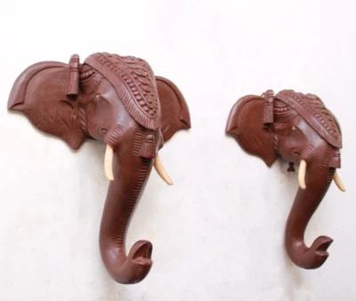 Par de estatua de elefante indio vintage decoración del hogar colgante en la pared cabeza de animal antiguo Foto 1 de 4