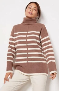 Line & Dot x Revolve Striped Turtleneck Relaxed Sweater LT Brown & Cream  Sz M - Picture 1 of 6