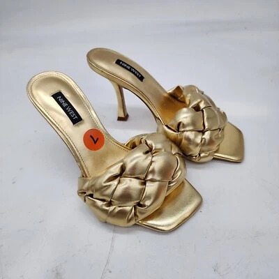 Sandalias NINE WEST Yoyo Tacón Deslizables Dorado Trenzado Festivo Talla 7 M Foto 1 de 4
