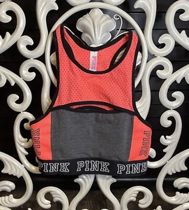Victorias Secret ~XS~PINK CROP HAUT COURT Logo Sports Bra Workout Top~Coral Gray - Picture 1 of 3