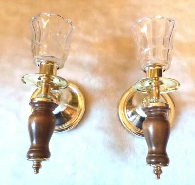 VINTAGE WALL SCONCE PAIR GOLD TONED METAL & WOOD 2 VOLTIVE CANDLE HOLDERS  - Image 1 of 4