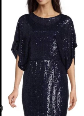 Marina 20W Blue Sequin Dress Dolman Blouson Boatneck Sheath Evening Party - Image 1 of 4