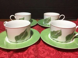 (4) Fitz Floyd Kim Morgan Figaro Green Leaves and Figs Flat Cup and saucer  55 - Picture 1 of 7