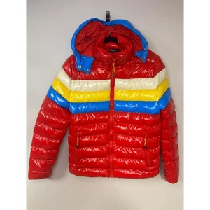 Roku Studio Puffer Jacket Red Blue Yellow Colorblock Shiny Hooded Size S - Bild 1 von 10