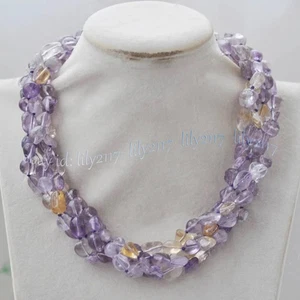 4 Rows Purple Yellow Ametrine Quartz Crystal Irregular Gems Beads Necklace 20 in - Picture 1 of 4