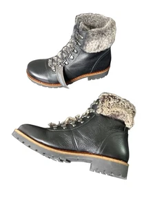 NWT Avellinii  Leather Black Faux Fur Lined Boots Lace Up Size 8.5 - Picture 1 of 10