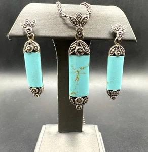 Vintage 925 Silver Turquoise & Marcasite Pendant Necklace & Dangle Earrings Set - Picture 1 of 10