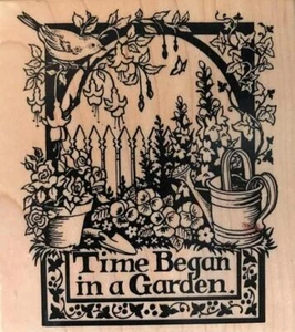 PSX RUBBER STAMP k-1418 TIME BEGAN IN A GARDEN 1995 vintage - Picture 1 of 2
