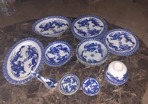 RAR Antik Blau & Weiß Handbemalt Japanischer Drache Set 26 Teile - Bild 1 von 18