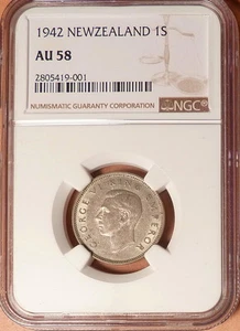 1942 New Zealand 1 Shilling, NGC graded AU58, SILVER, WWII Era - Picture 1 of 2