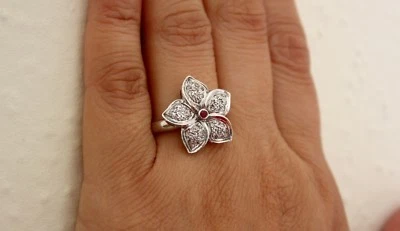 GENUINE RUBY & WHITE TOPAZ STONES in 925 STERLING SILVER FLOWER RING FREE SHIP!! - Image 1 of 4