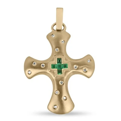 0.45tcw Zambian Emerald & Diamond Accent Unique Cross Pendant 14K - Image 1 of 4