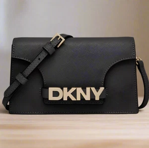 DKNY Avril Shoulder Bag Clutch Wallet Small Black Leather Gold Convertible - Picture 1 of 12