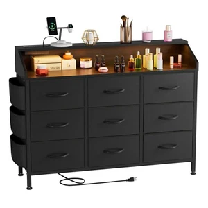 Dresser for Bedroom with Power Outlet LED Light 9 Fabric Drawers Closet Black PU - Picture 1 of 12