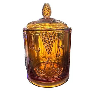 INDIANA GLASS Vintage Carnival Grape Biscuit Canister Jar 7" Marigold Lidded - Picture 1 of 6