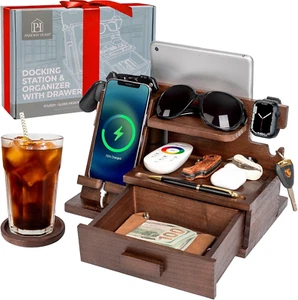 Wood Phone Docking Station with Drawer, Compatible with Apple Watch - Wood Charg - Picture 1 of 12