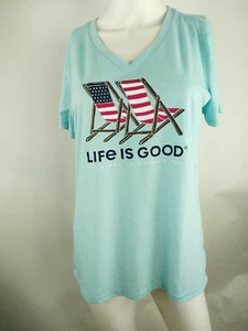 Life is Good Women Cool Short Sleeve Vee Americana Beach Chair Blue Medium 65224 - Picture 1 of 9