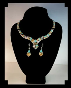 Sterling und Multi Stone Inlay Halskette und Ohrring Set - Bild 1 von 9