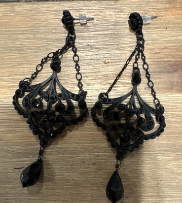 Sequin Brand Earrings Teardrop Dangle Bohemian Black Whimsigoth Beaded 3.5" NEW - Image 1 of 4