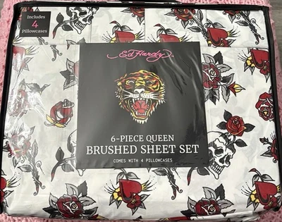 Ed Hardy Queen 6pc Sheet Set White Red Skull Roses Hearts NWT Tattoo - Image 1 of 4