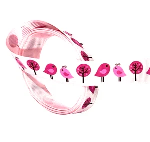 3 yds 7/8" Stylized Pink Birds & Trees on White Grosgrain Ribbon 100% polyester - Picture 1 of 5