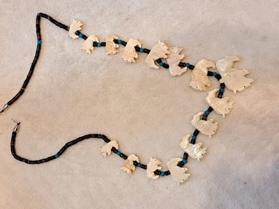 Silver Tone Clasp Native American Style Necklace W/ Bone, Shell, Turquoise - Image 1 of 4