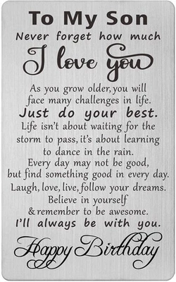 Regalos de cumpleaños para hijo, tarjeta de metal grabada para 3,35 pulgadas x 2,17 pulgadas, plateada  Foto 1 de 4