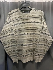 Vintage Bill Blass Gray Tan Black Striped V Neck Sweater Made in USA Size Large - Picture 1 of 6