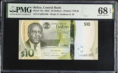 Belice 10 Dólares 2025 P 75 una Excelente Gema UNC PMG 68 EPQ Foto 1 de 3