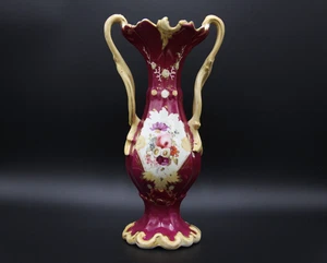 Circa 1840s Antique Porcelain Rococo Revival Style Twin Handled Maroon Vase - Picture 1 of 12