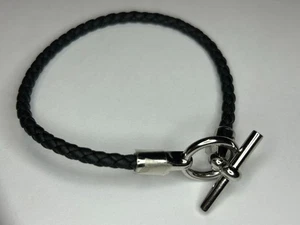 HERMÈS Bracciale Donna Nero Intrecciato Pelle di Vitello Veloce Glenan Placcato Palladio T3 - Foto 1 di 9