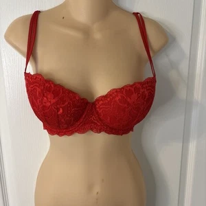 VICTORIA’S SECRET PINK Date Push-up Balconette Bra Red 34D Lace Underwire Padded - Picture 1 of 13