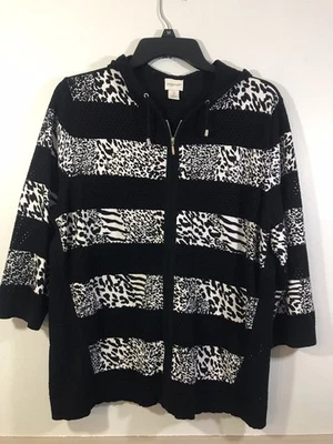 Zenergy By Chicos  Hoodie Striped Animal Print Womens 2 Sz L Full Zip 3/4 Sleeve - Image 1 of 3