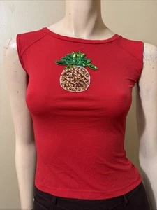 Women’s Red Polyester Casual Summer Open Stretch Slim Beaded Size S Blouse Top - Picture 1 of 21