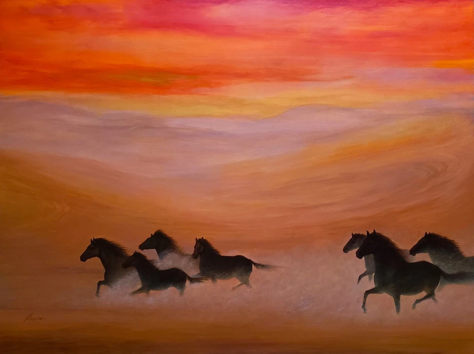 Pintura artística caballos corriendo en vibrante paisaje desierto Foto 1 de 1