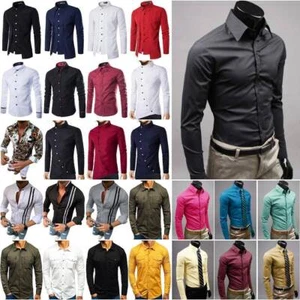 New Men Slim Fit Long Sleeve Shirt Formal Business Work Dress Shirts Casual Tops - Picture 1 of 33