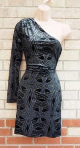 New look black one shoulder long sleeve velvet glitter party bodycon dress 10 S - Picture 1 of 10