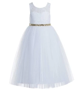  Lace Tulle Scoop Neck Keyhole Back White A-Line Flower Girl Dress Pageant Dress - Picture 1 of 21