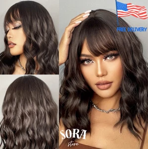 14 Inch Short Wavy Synthetic Wig With Bangs – Dark Brown Bob Wig for Women - Picture 1 of 10
