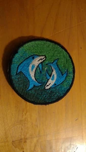 Swimming Blue Dolphins Embroidery Patch Turquoise Background 3.25 inch diameter - Picture 1 of 1