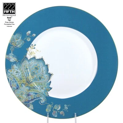 222 Fifth NORAH TEAL 11" Prato de Jantar Floral Flor Paisley Pavão Estado Perfeito - Imagem 1 de 4